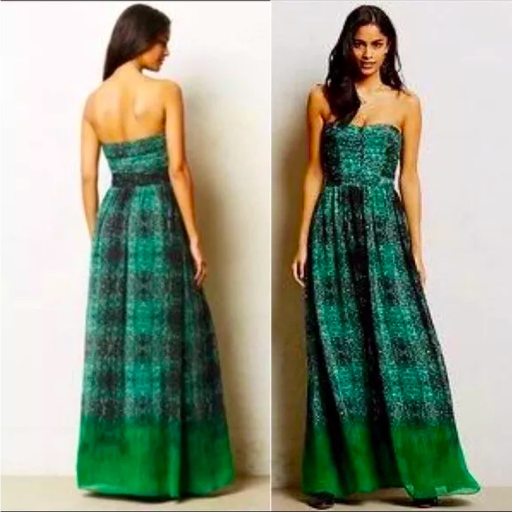 Anthropologie Green and Black Strapless Maxi Dress